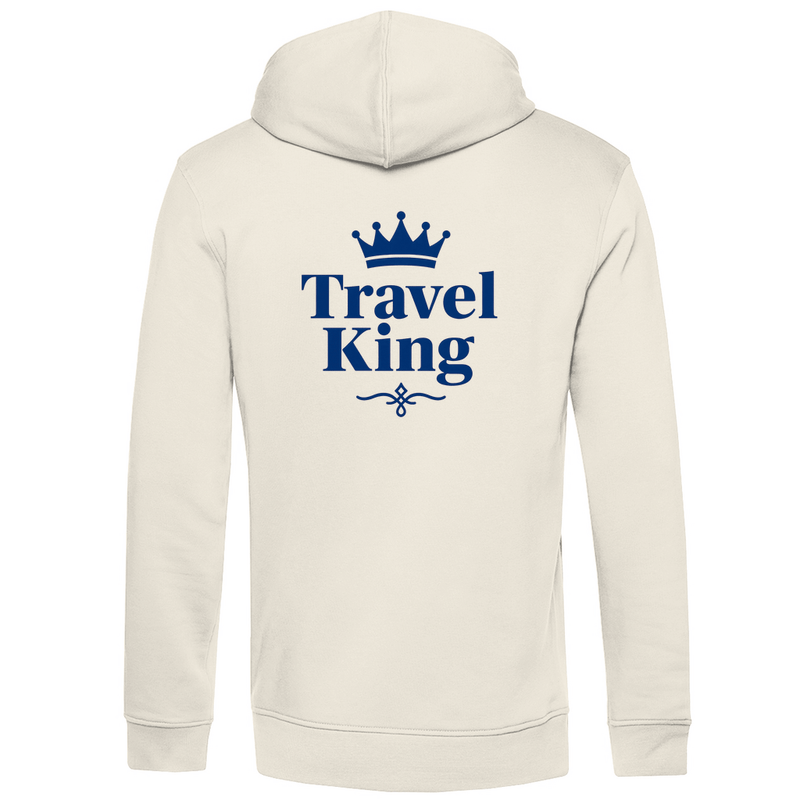 Herren Hoodie mit Print TRAVEL KING (blau). Stoff-Farbe: Off White. Fernweh zum Anziehen? travelPrint4U.de