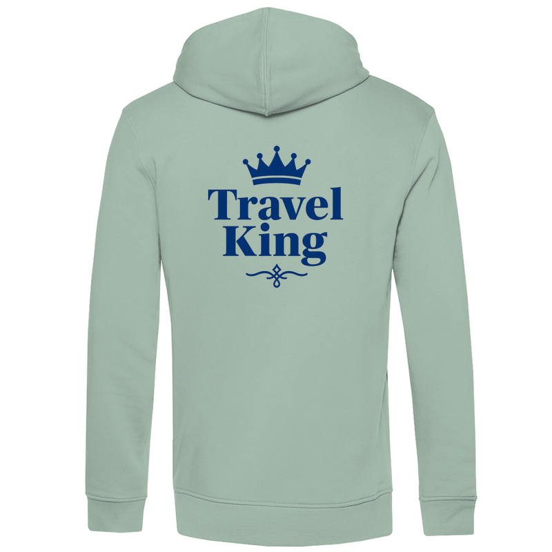 Herren Hoodie mit Print TRAVEL KING (blau). Stoff-Farbe: Sage Green. Fernweh zum Anziehen? travelPrint4U.de