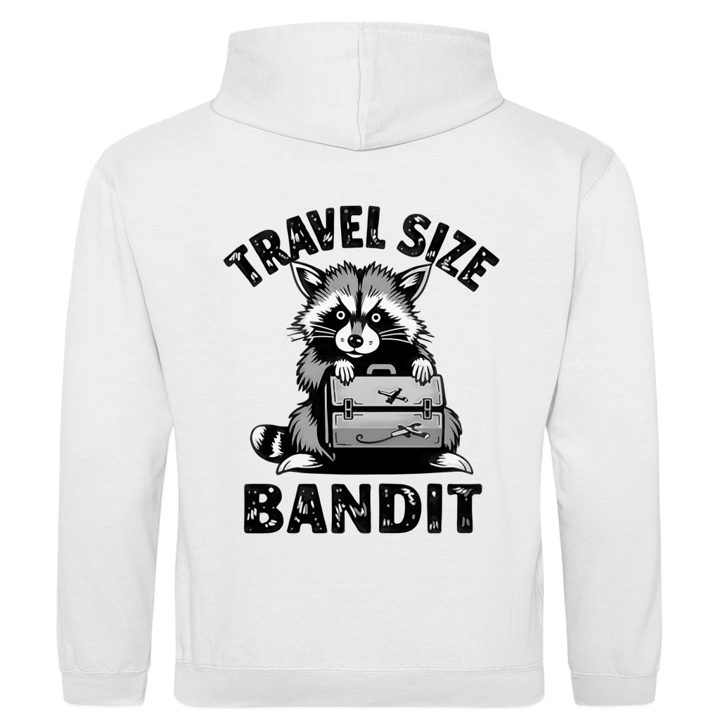 Herren Hoodie mit Waschbär Meme, TRAVEL SIZE BANDIT. Stoff-Farbe: Arctic White. Fernweh zum Anziehen? travelPrint4U.de