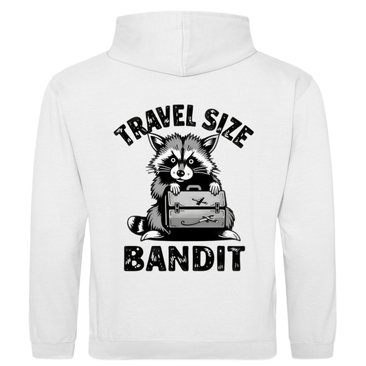 Herren Hoodie mit Waschbär Meme, TRAVEL SIZE BANDIT. Stoff-Farbe: Arctic White. Fernweh zum Anziehen? travelPrint4U.de