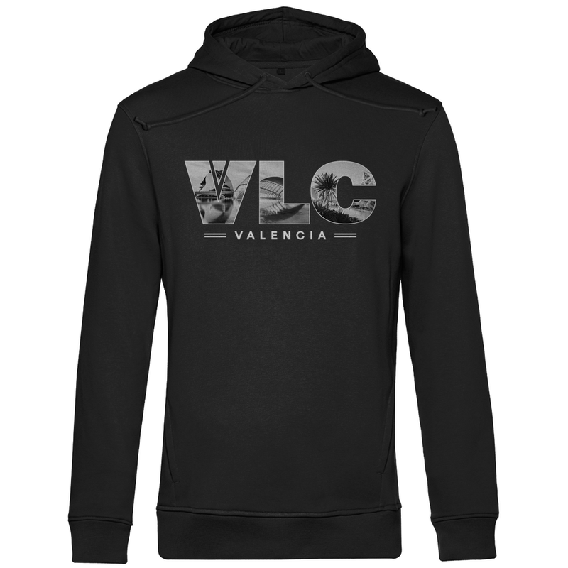 Kapuzen Pullover für Herren mit Airport Code für Valencia mit Bild. Farbe Black. Fernweh zum Anziehen von travelPrint4U.de