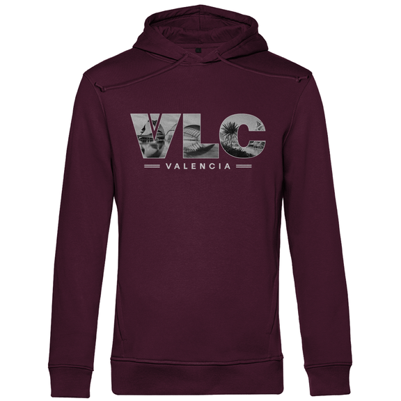 Kapuzen Pullover für Herren mit Airport Code für Valencia mit Bild. Farbe Burgund. Fernweh zum Anziehen von travelPrint4U.de