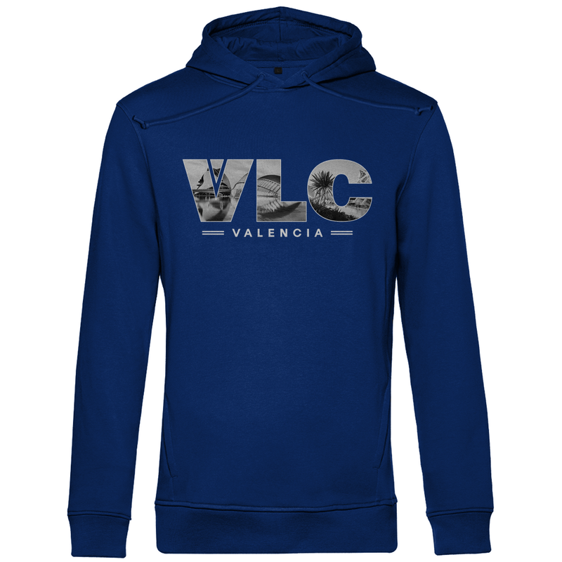 Kapuzen Pullover für Herren mit Airport Code für Valencia mit Bild. Farbe Royal. Fernweh zum Anziehen von travelPrint4U.de