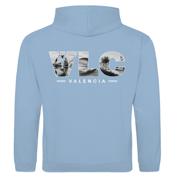 Kapuzen Pullover für Herren mit Airport Code für Valencia mit Bild. Farbe Sky Blue. Fernweh zum Anziehen von travelPrint4U.de