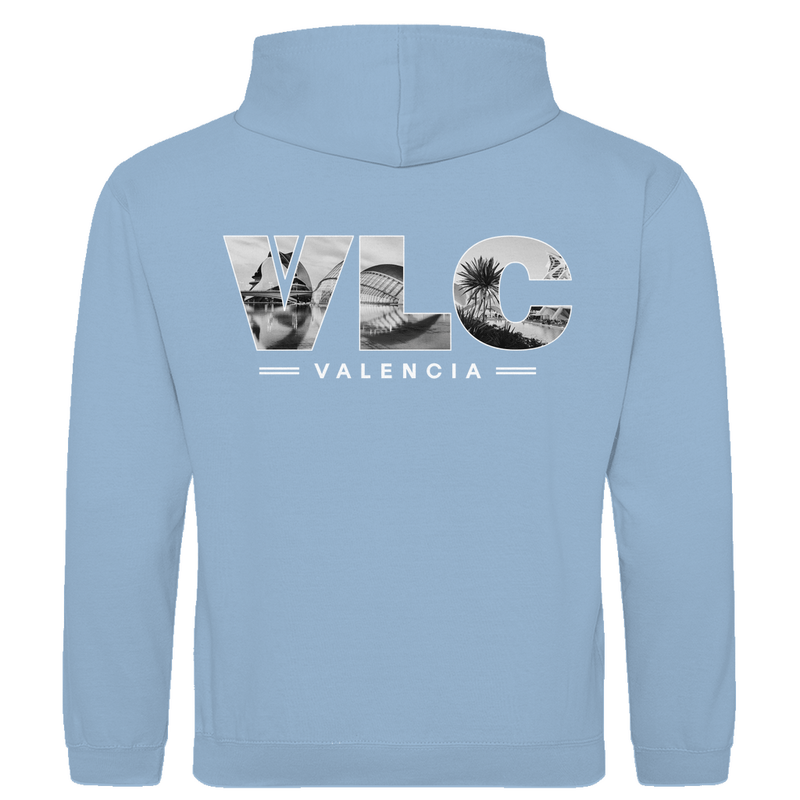 Kapuzen Pullover für Herren mit Airport Code für Valencia mit Bild. Farbe Sky Blue. Fernweh zum Anziehen von travelPrint4U.de