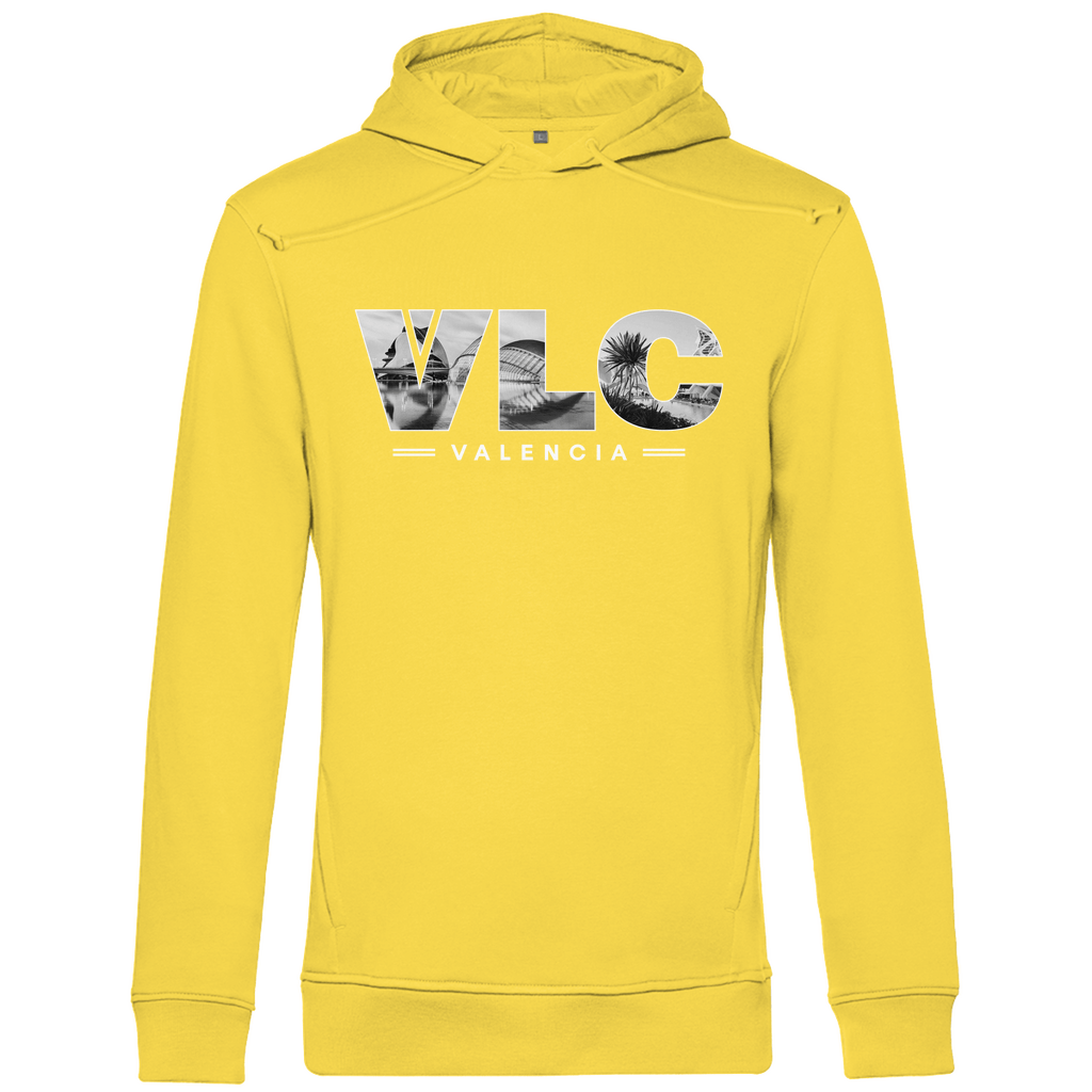 Kapuzen Pullover für Herren mit Airport Code für Valencia mit Bild. Farbe Gelb. Fernweh zum Anziehen von travelPrint4U.de