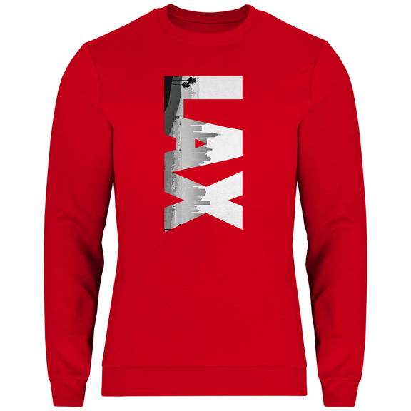 Intensiv rotes Shirt mit drei Buchstaben des Flughafencode. Overlay der Buchstaben ein Bild in schwarz/weiß der Skyline.