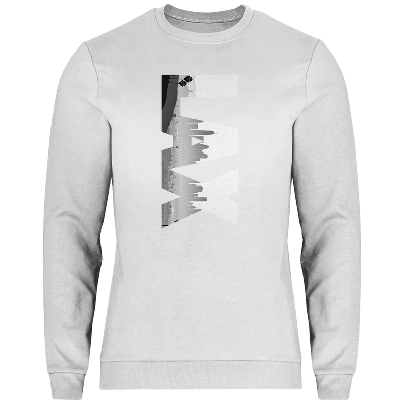 Weißes Shirt mit drei Buchstaben des Flughafencode. Overlay der Buchstaben ein Bild in schwarz/weiß der Skyline.