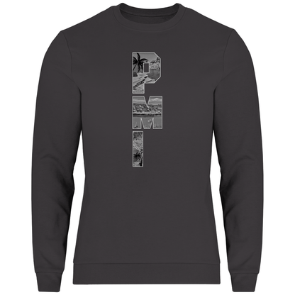 Dunkelgraues Shirt mit drei Buchstaben des Flughafencode. Overlay der Buchstaben ein Bild in schwarz/weiß von der Insel.