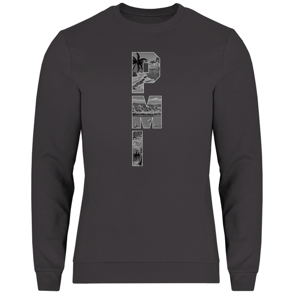 Dunkelgraues Shirt mit drei Buchstaben des Flughafencode. Overlay der Buchstaben ein Bild in schwarz/weiß von der Insel.