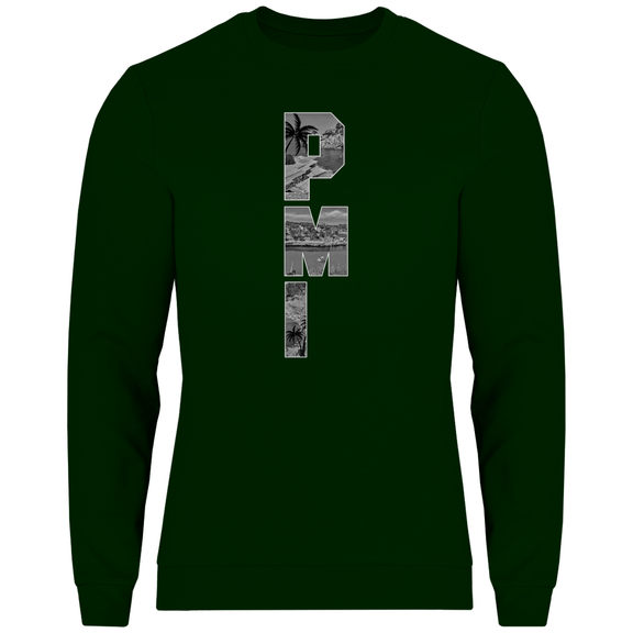 Dunkelgrünes Shirt mit drei Buchstaben des Flughafencode. Overlay der Buchstaben ein Bild in schwarz/weiß von der Insel.