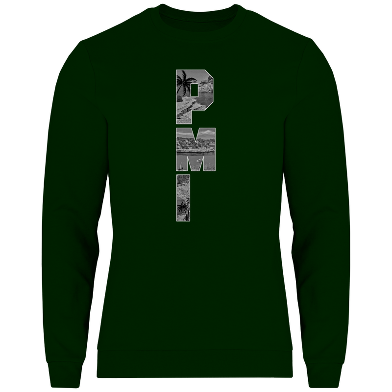 Dunkelgrünes Shirt mit drei Buchstaben des Flughafencode. Overlay der Buchstaben ein Bild in schwarz/weiß von der Insel.