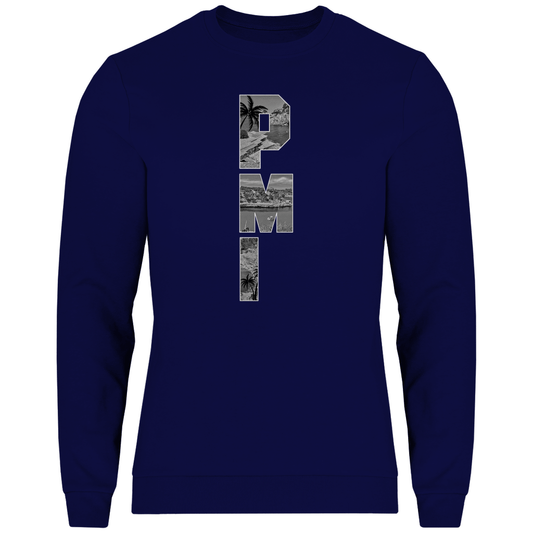 Dunkelblaues Shirt mit drei Buchstaben des Flughafencode. Overlay der Buchstaben ein Bild in schwarz/weiß von der Insel.