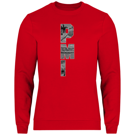 Intensiv rotes Shirt mit drei Buchstaben des Flughafencode. Overlay der Buchstaben ein Bild in schwarz/weiß von der Insel.