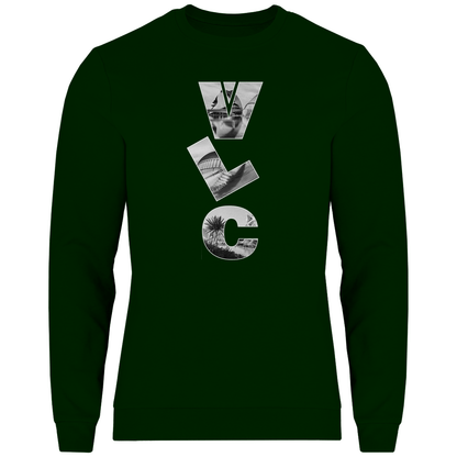 Dunkelgrünes Shirt mit drei Buchstaben des Flughafencode. Als Overlay der Buchstaben liegt ein Bild von Valencia.