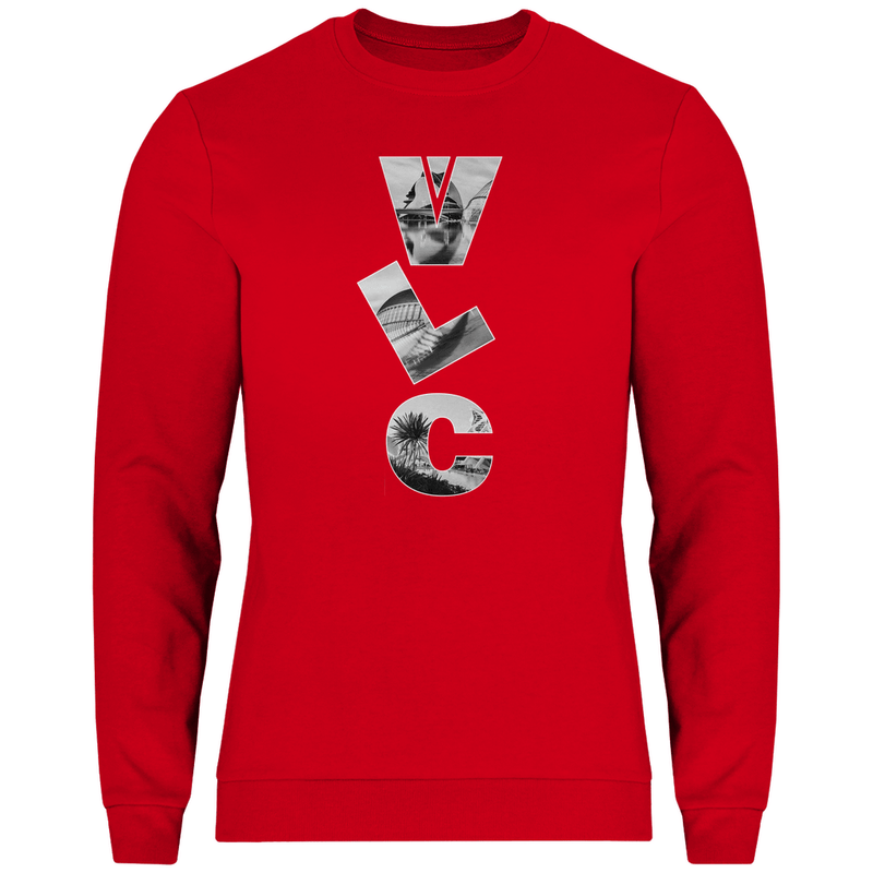 Intensiv rotes Shirt mit drei Buchstaben des Flughafencode. Als Overlay der Buchstaben liegt ein Bild von Valencia.
