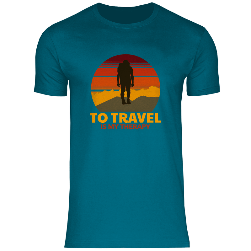 TShirt für Herren in Diva Blue mit TO TRAVEL IS MY THERAPY Print. Fernweh zum Anziehen mit travelPrint4U.de