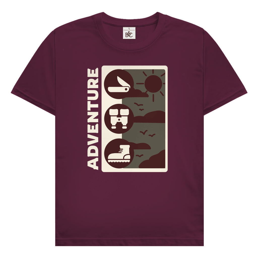 Adventure Travel Design mit Outdoor Icons wie Messer, Fernglas und Wanderschuh sowie minimalistischem Naturmotiv.