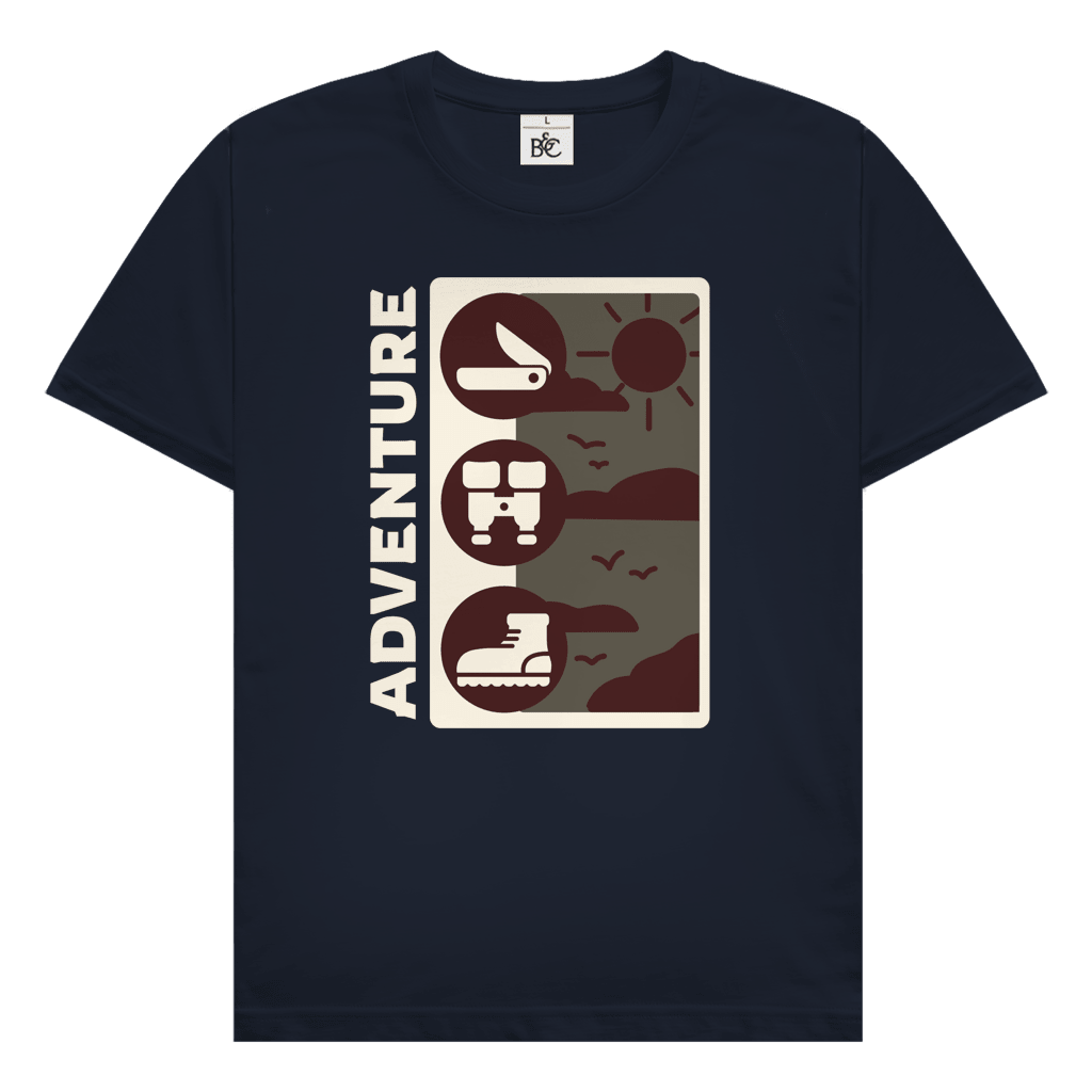 Adventure Travel Design mit Outdoor Icons wie Messer, Fernglas und Wanderschuh sowie minimalistischem Naturmotiv.