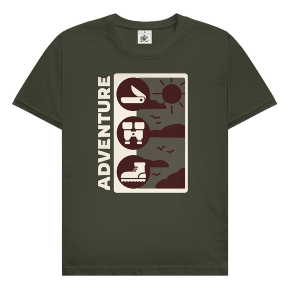 Adventure Travel Design mit Outdoor Icons wie Messer, Fernglas und Wanderschuh sowie minimalistischem Naturmotiv.