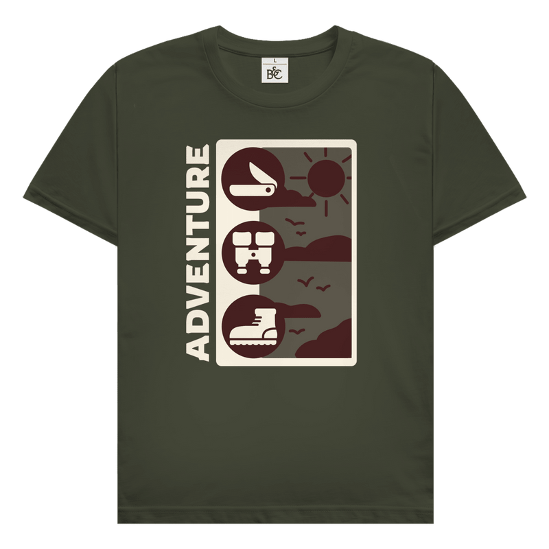 Adventure Travel Design mit Outdoor Icons wie Messer, Fernglas und Wanderschuh sowie minimalistischem Naturmotiv.