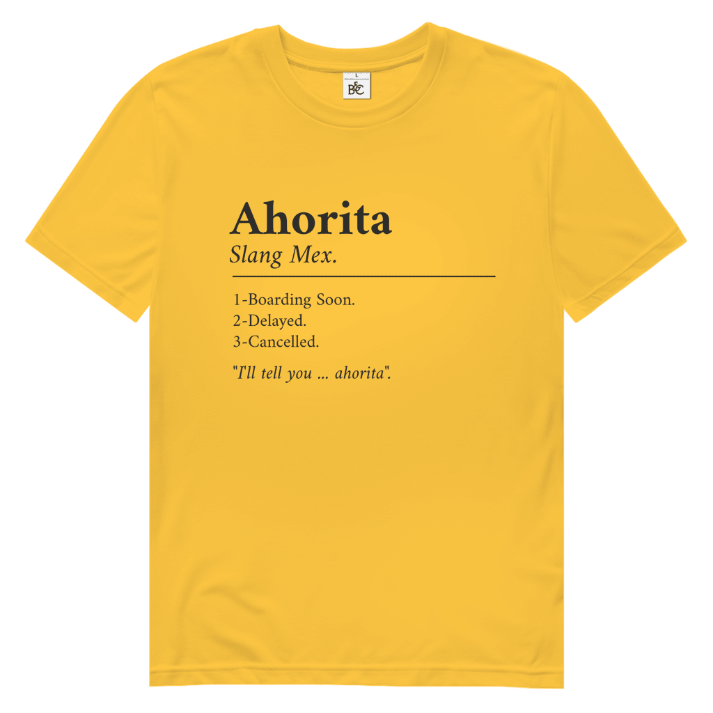 Schwarzer Schriftzug „Ahorita“ mit erklärender Definition, typografisches Layout auf sonnengelbem Hintergrund.