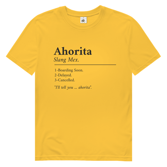 Schwarzer Schriftzug „Ahorita“ mit erklärender Definition, typografisches Layout auf sonnengelbem Hintergrund.