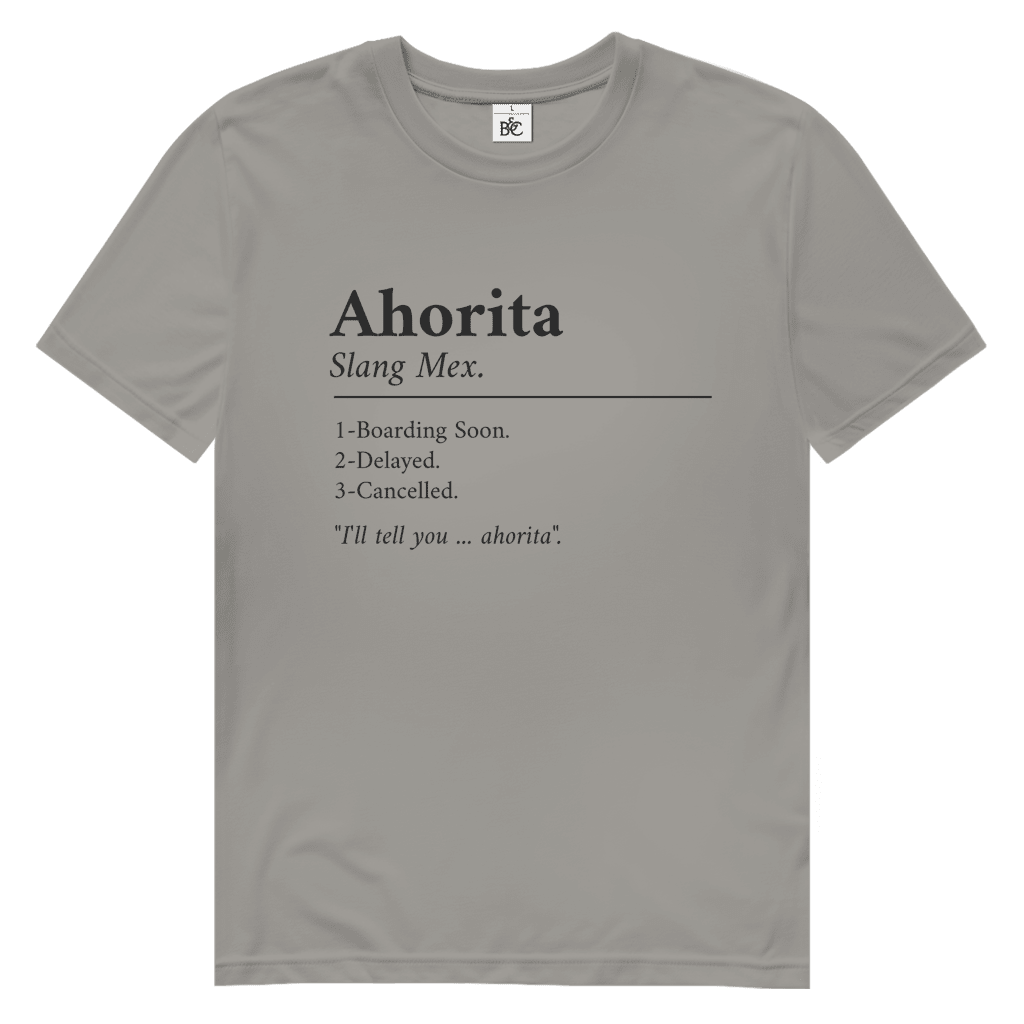 Schwarzer Schriftzug „Ahorita“ mit erklärender Definition, typografisches Layout auf hellgrauem Hintergrund.