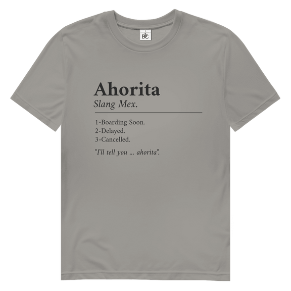 Schwarzer Schriftzug „Ahorita“ mit erklärender Definition, typografisches Layout auf hellgrauem Hintergrund.