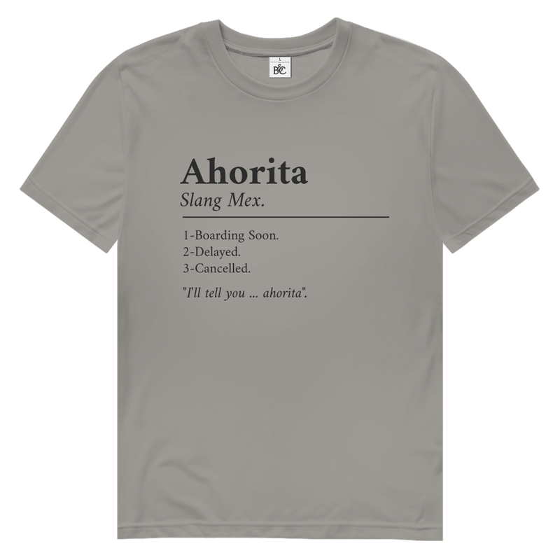 Schwarzer Schriftzug „Ahorita“ mit erklärender Definition, typografisches Layout auf hellgrauem Hintergrund.