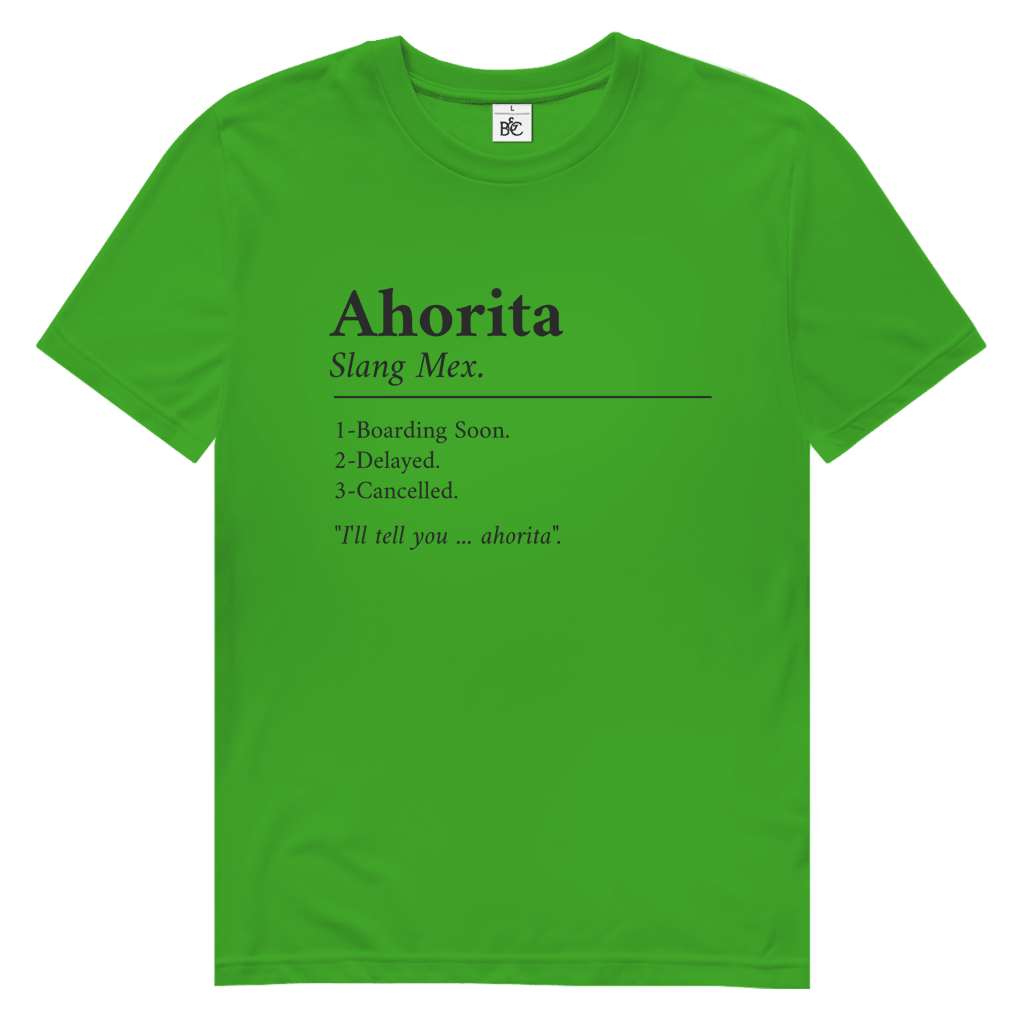 Schwarzer Schriftzug „Ahorita“ mit erklärender Definition, typografisches Layout auf leuchtend gruenem Hintergrund.