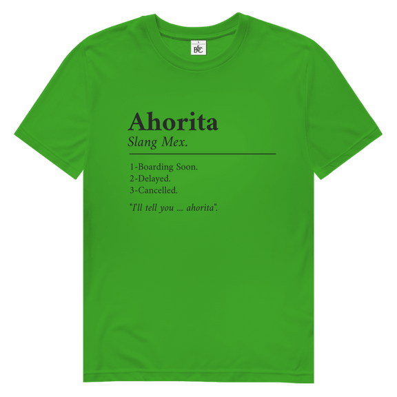 Schwarzer Schriftzug „Ahorita“ mit erklärender Definition, typografisches Layout auf leuchtend gruenem Hintergrund.