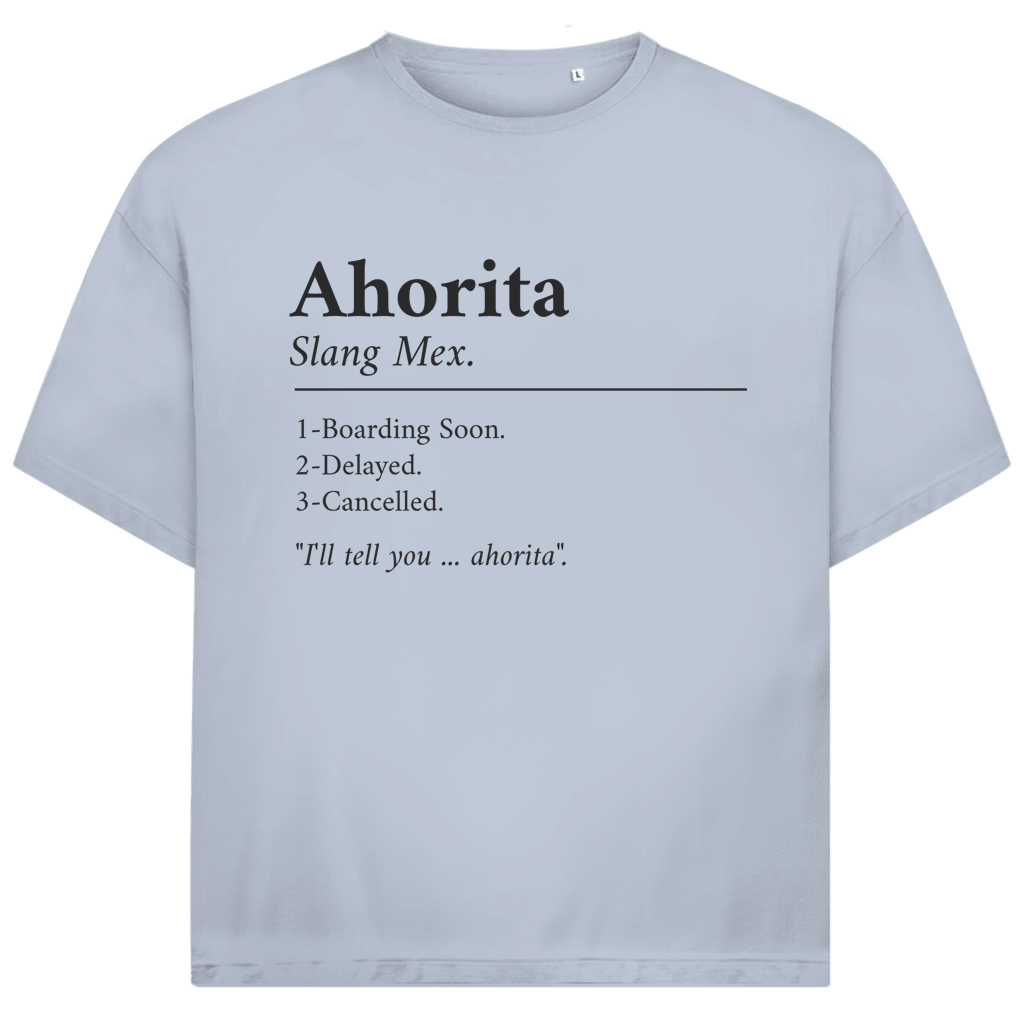 Schwarzer Schriftzug „Ahorita“ mit erklärender Definition, typografisches Layout auf hellblauem Hintergrund.