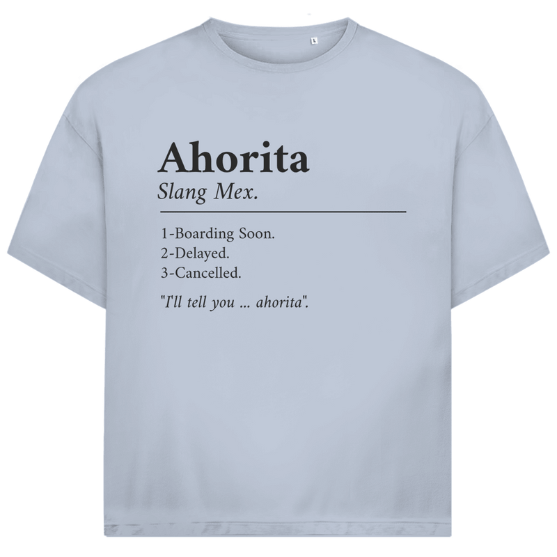 Schwarzer Schriftzug „Ahorita“ mit erklärender Definition, typografisches Layout auf hellblauem Hintergrund.