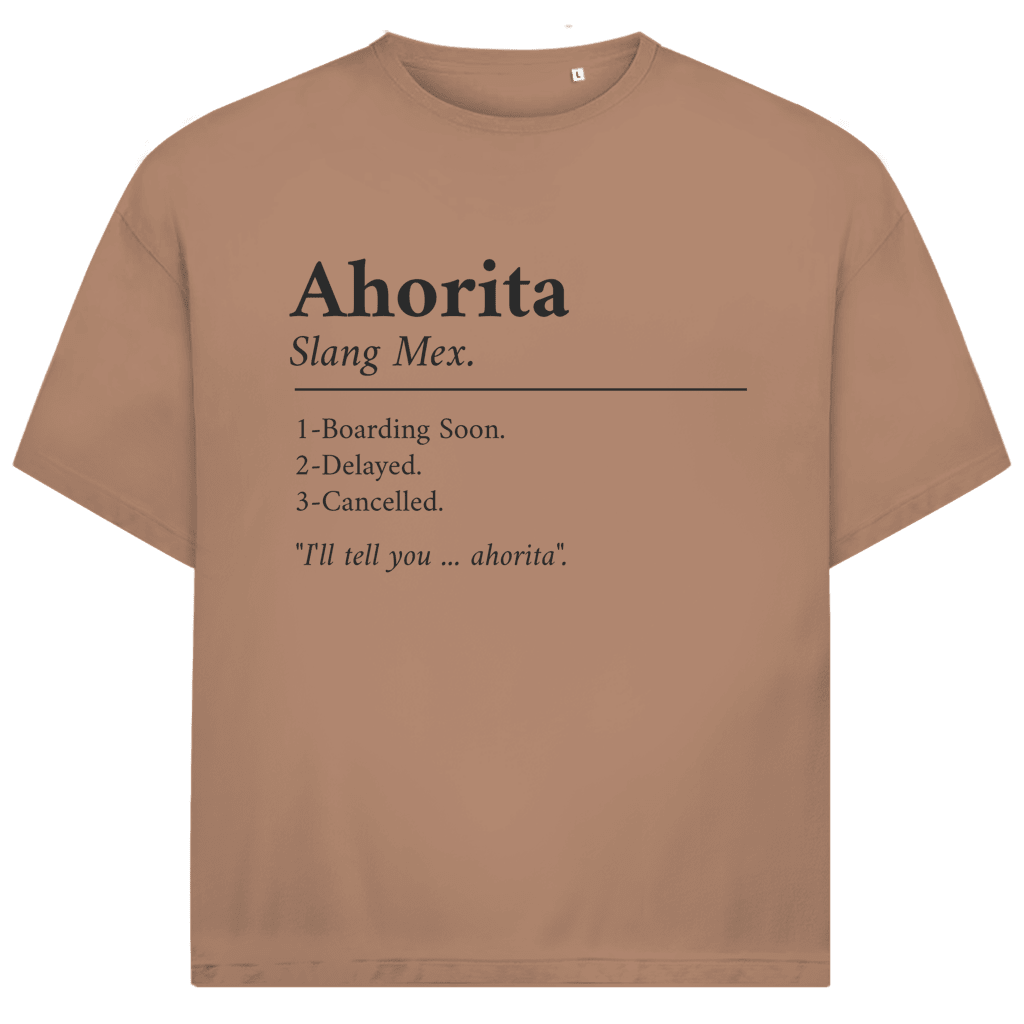 Schwarzer Schriftzug „Ahorita“ mit erklärender Definition, typografisches Layout auf erdfarbenem Hintergrund.