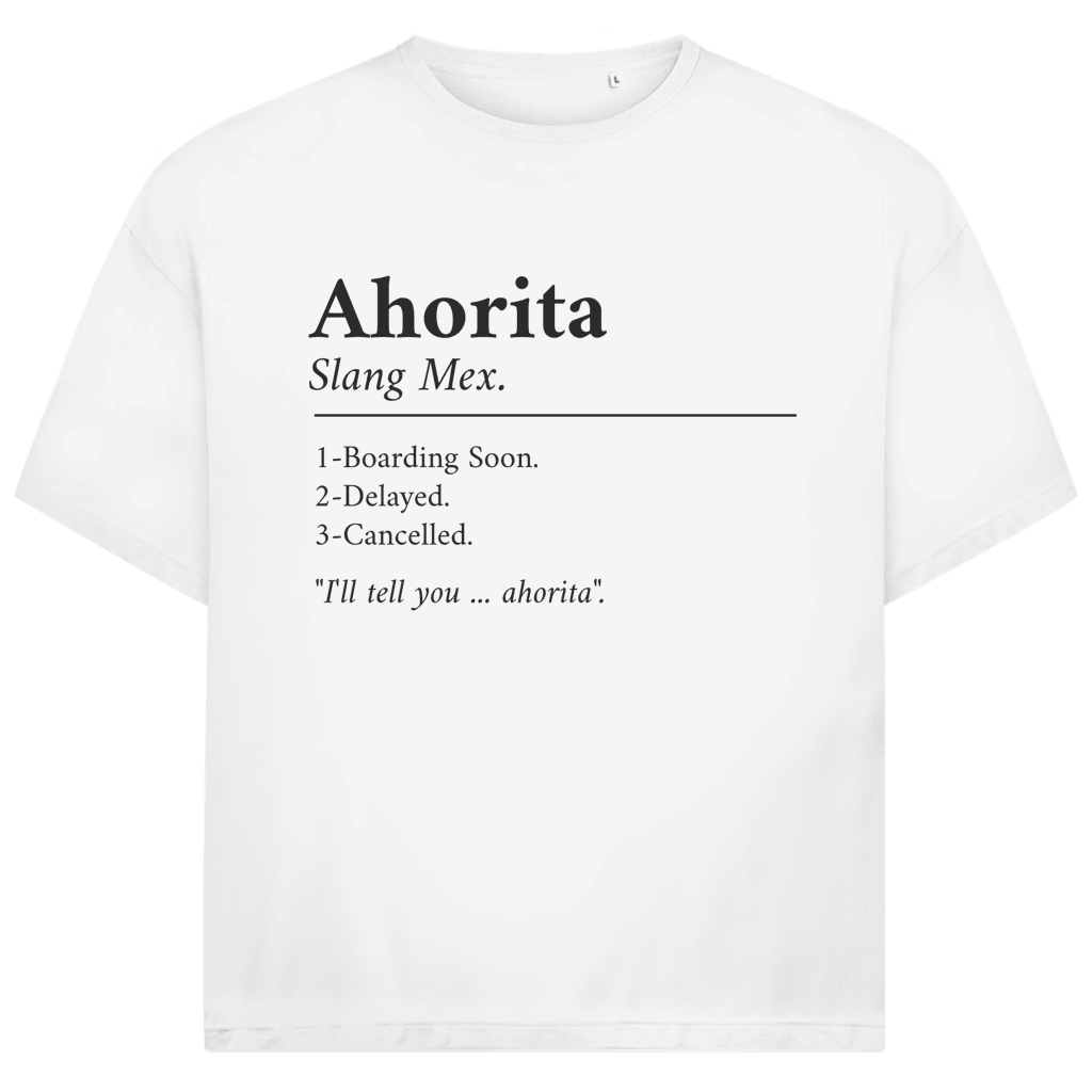 Schwarzer Schriftzug „Ahorita“ mit erklärender Definition, typografisches Layout auf weissem Hintergrund.