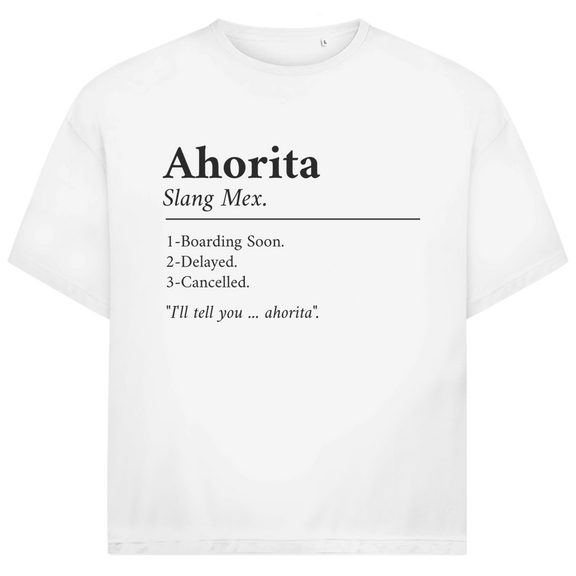 Schwarzer Schriftzug „Ahorita“ mit erklärender Definition, typografisches Layout auf weissem Hintergrund.