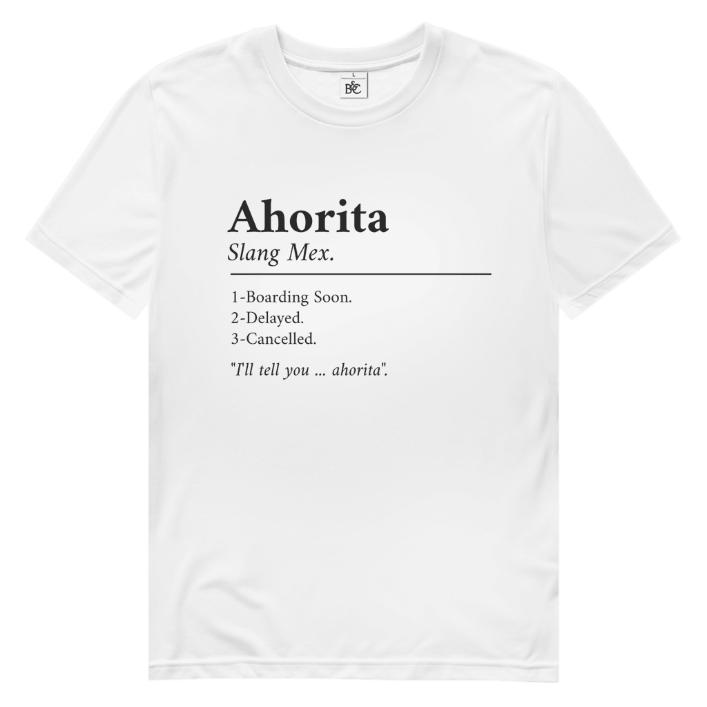 Schwarzer Schriftzug „Ahorita“ mit erklärender Definition, typografisches Layout auf weissem Hintergrund.