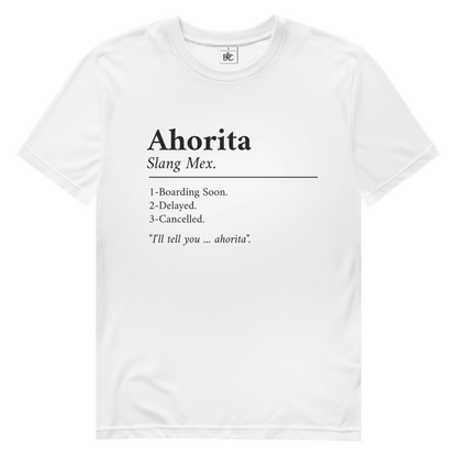 Schwarzer Schriftzug „Ahorita“ mit erklärender Definition, typografisches Layout auf weissem Hintergrund.