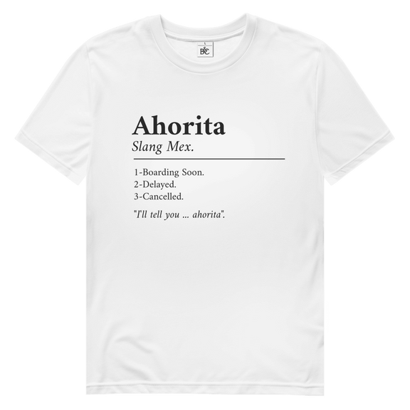 Schwarzer Schriftzug „Ahorita“ mit erklärender Definition, typografisches Layout auf weissem Hintergrund.