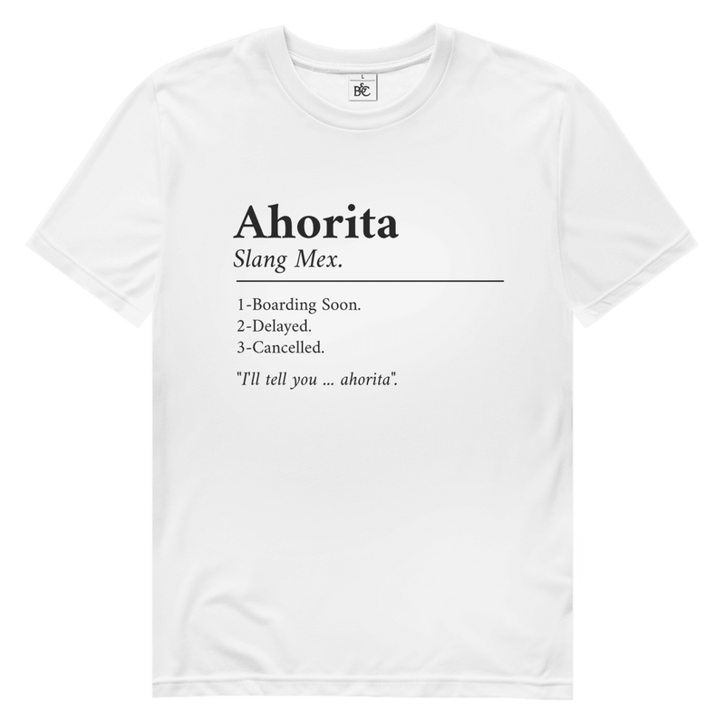 Schwarzer Schriftzug „Ahorita“ mit erklärender Definition, typografisches Layout auf weissem Hintergrund.