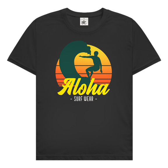 Retro Surfer Silhouette vor Sonnenuntergang mit Welle und Aloha Surf Sign. Tropisches Travel Design auf schwarzem TShirt.