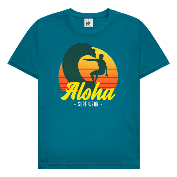 Retro Surfer Silhouette vor Sonnenuntergang mit Welle und Aloha Surf Sign. Tropisches Travel Design auf blaugrünem TShirt.