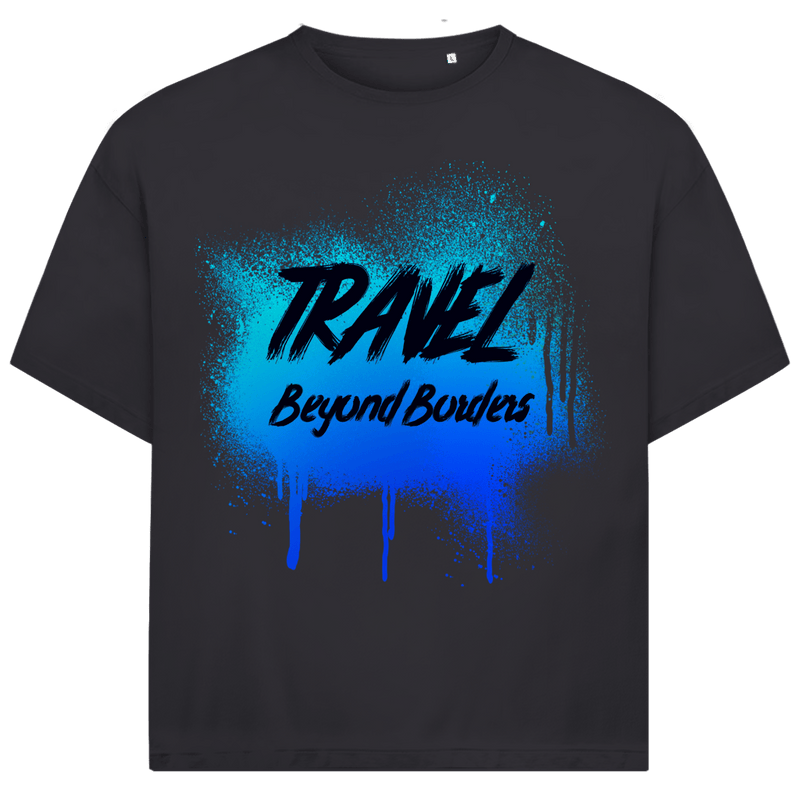 Blaues Street-Art-Design mit Spray-Effekt und markanter Textur auf dunkelgrauem Hintergrund.