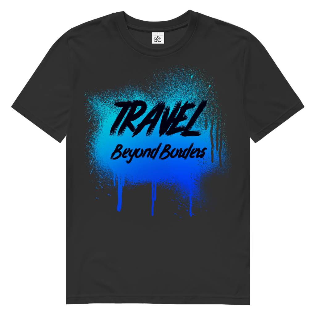 Blaues Street-Art-Design mit Spray-Effekt und markanter Textur auf schwarzem Hintergrund.