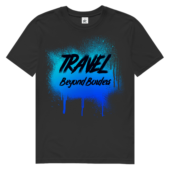 Blaues Street-Art-Design mit Spray-Effekt und markanter Textur auf schwarzem Hintergrund.