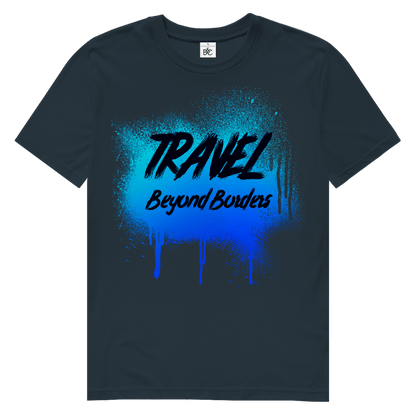 Blaues Street-Art-Design mit Spray-Effekt und markanter Textur auf dunkelgrauem Hintergrund.