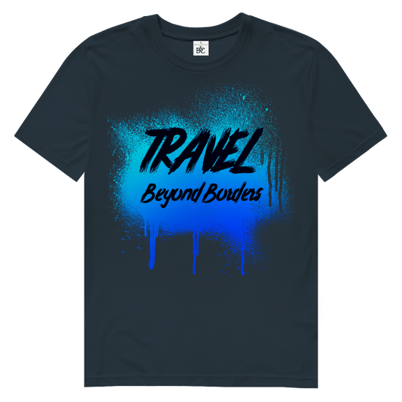 Blaues Street-Art-Design mit Spray-Effekt und markanter Textur auf dunkelgrauem Hintergrund.