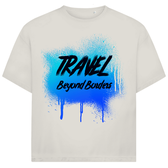 Blaues Street-Art-Design mit Spray-Effekt und markanter Textur auf sandfarbenem Hintergrund.