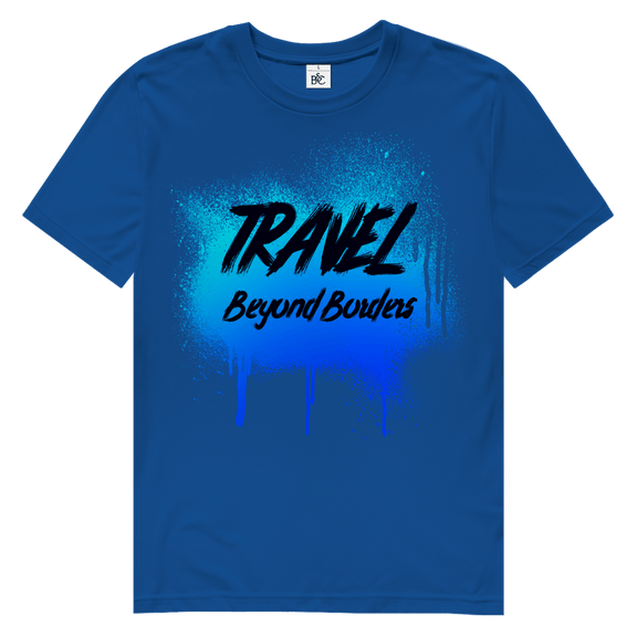 Blaues Street-Art-Design mit Spray-Effekt und markanter Textur auf blauem Hintergrund.